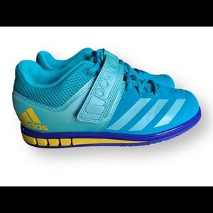 Women’s Adidas Powerlift sneakers. Size 7.5. Teal blue, purple, yellow.